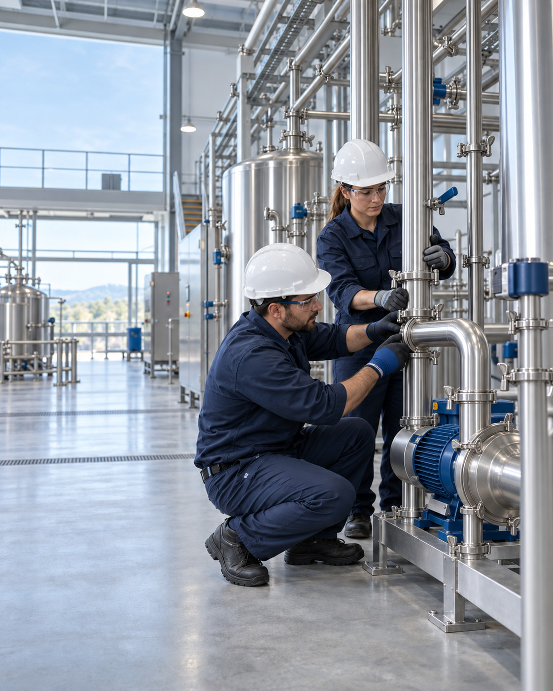 Illustrative technicians installing stainless steel piping